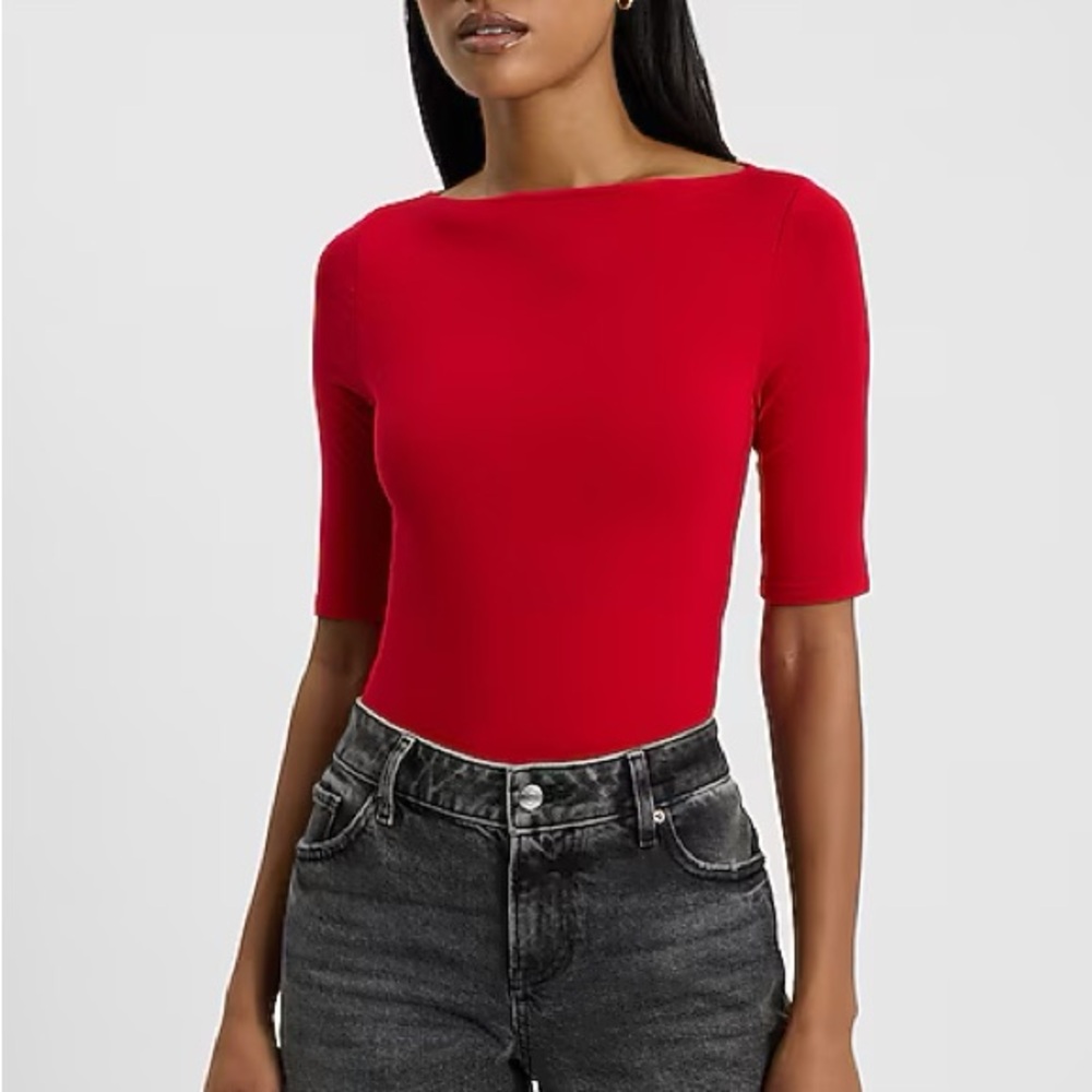 Express Red Half Sleeve Boat Neck Top